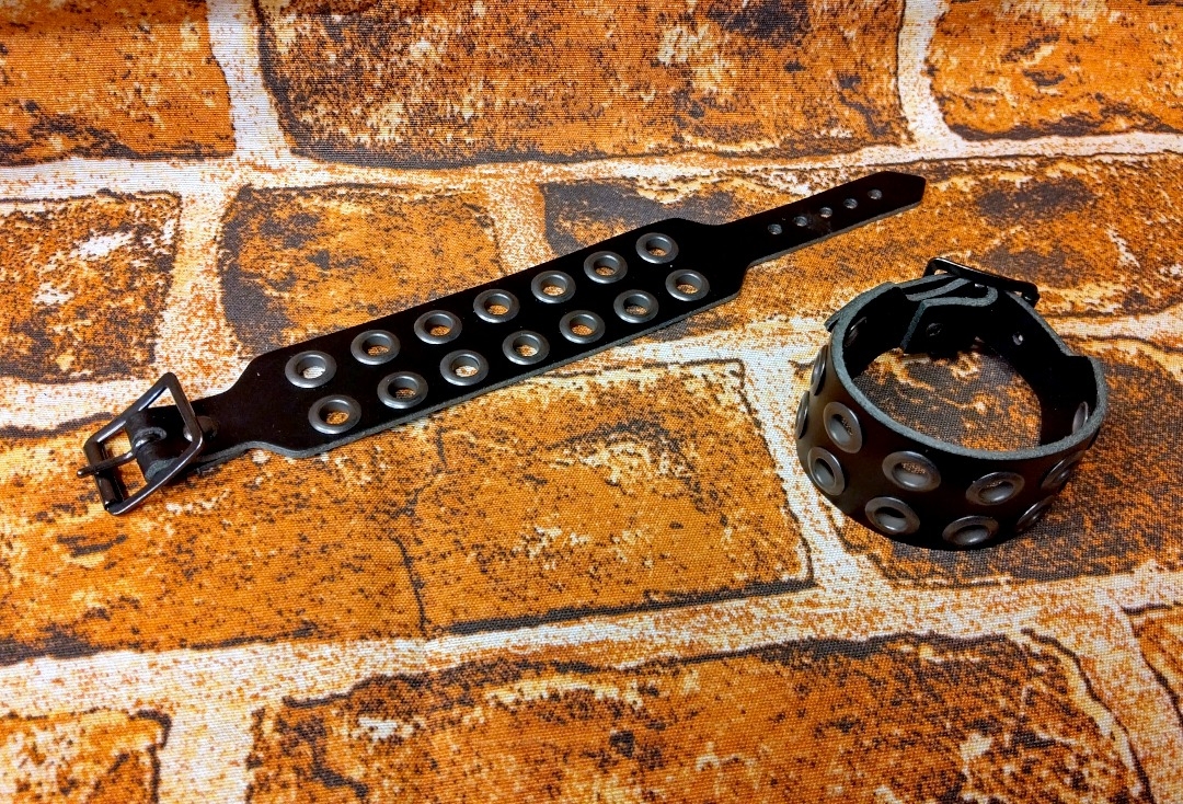 2 Row Black Eyelet Black Leather Wristband