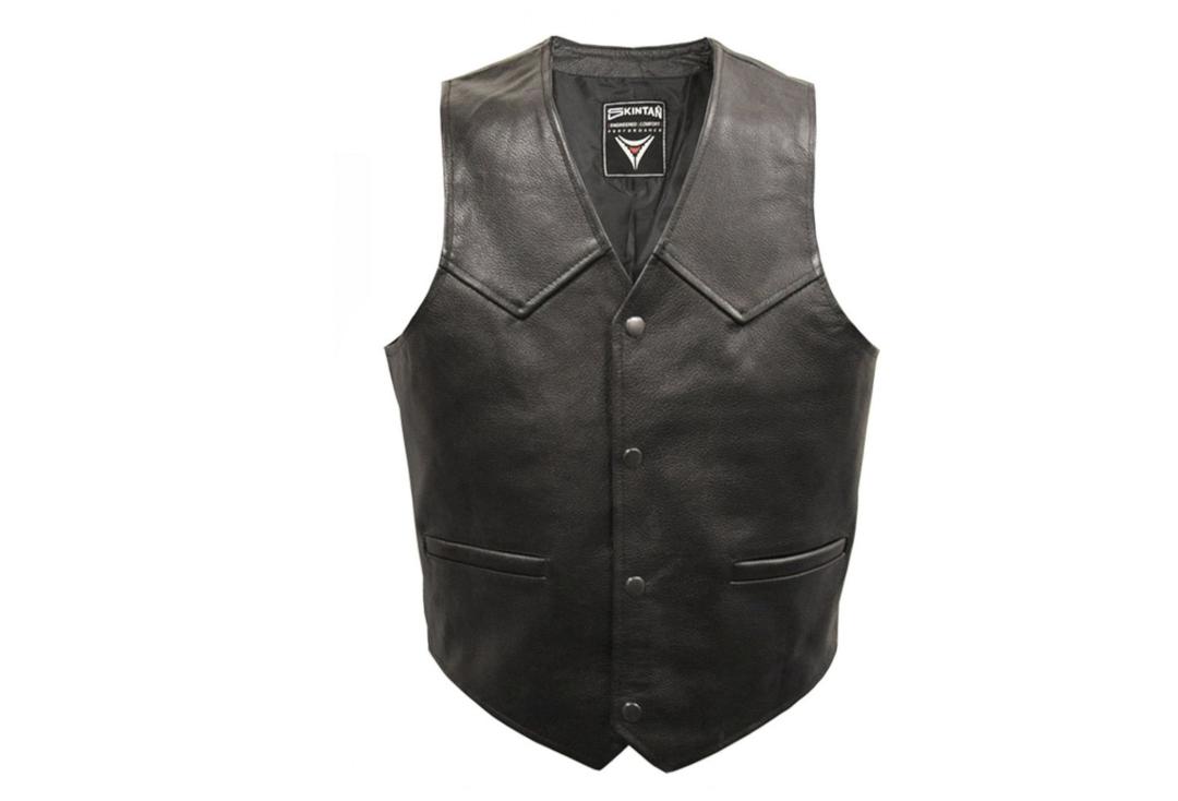 Skintan Leather | Black Leather Men's Plain Waistcoat - Front