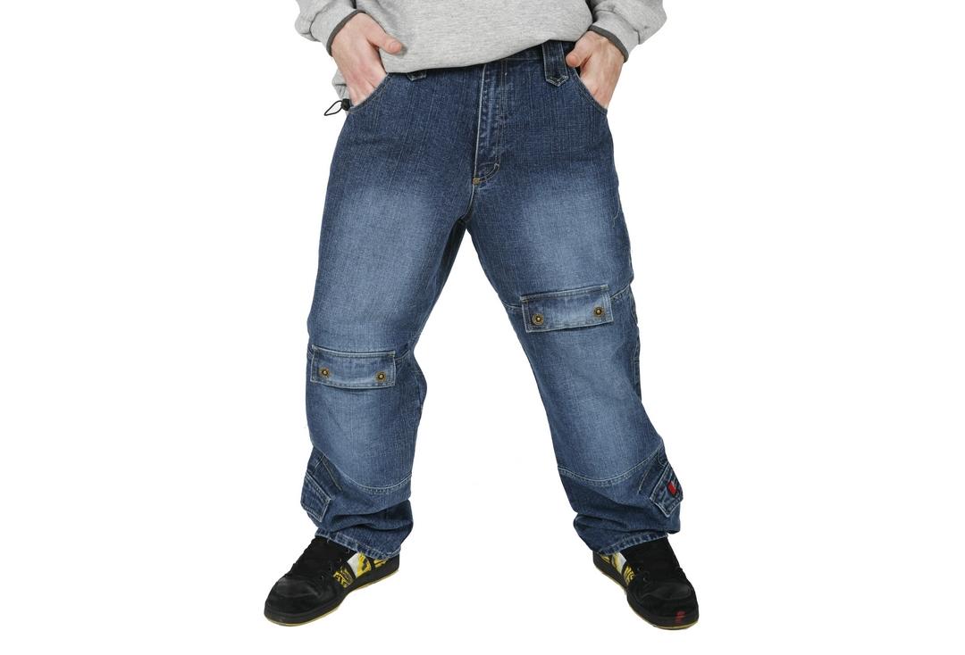 Oxyzone | Indigo Blue Dirty Denim Multi Pocket Baggy Skate Jeans - Front Modelled
