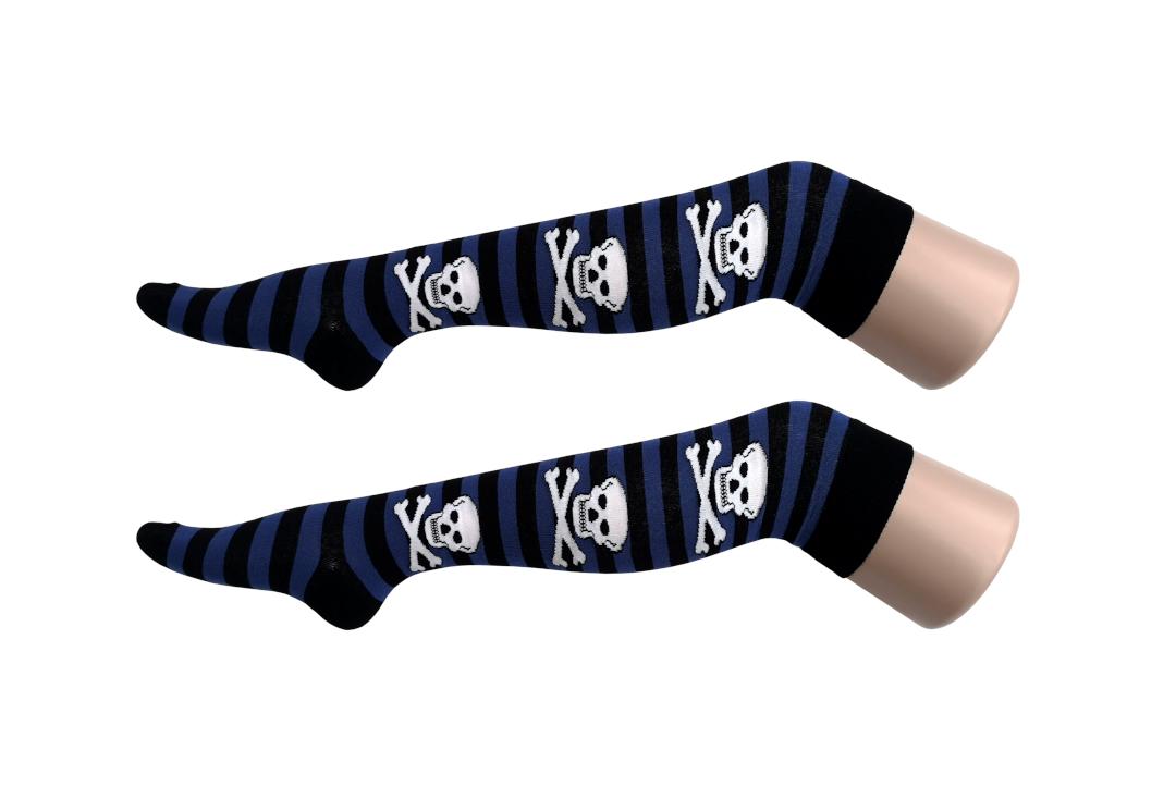 Machahel | Blue & Black Skull & Stripe Over The Knee Socks