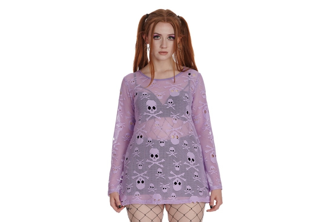Lilac BFF Skull Mesh Banned Apparel Unisex Long Sleeve Top - Front