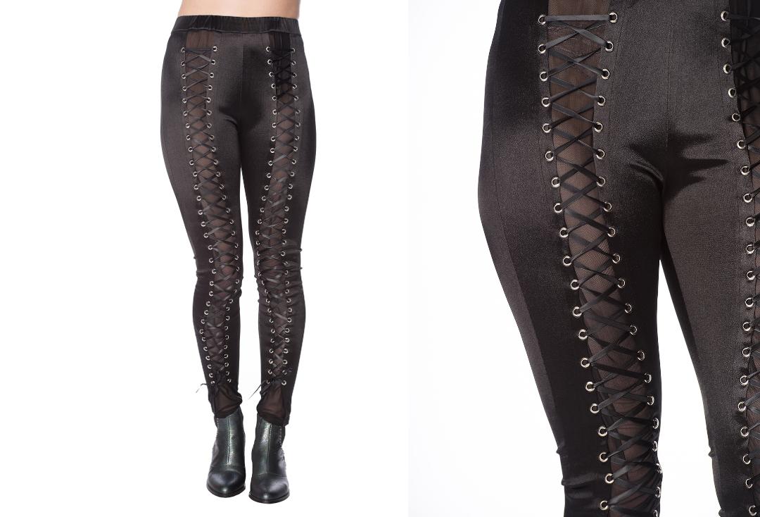 Banned Apparel | Black Wet-look Lace Up Leggings - Front Close