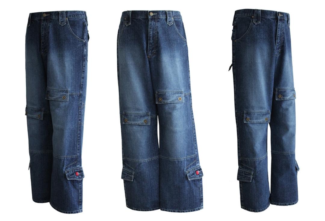 Oxyzone | Indigo Blue Dirty Denim Multi Pocket Baggy Skate Jeans - All Angles Close