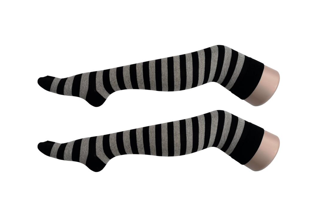 Macahel | Light Grey & Black Thick Stripe Over The Knee Socks