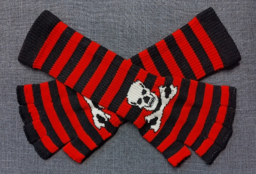 Red & Black Stripe Skull Long Fingerless Gloves - Main