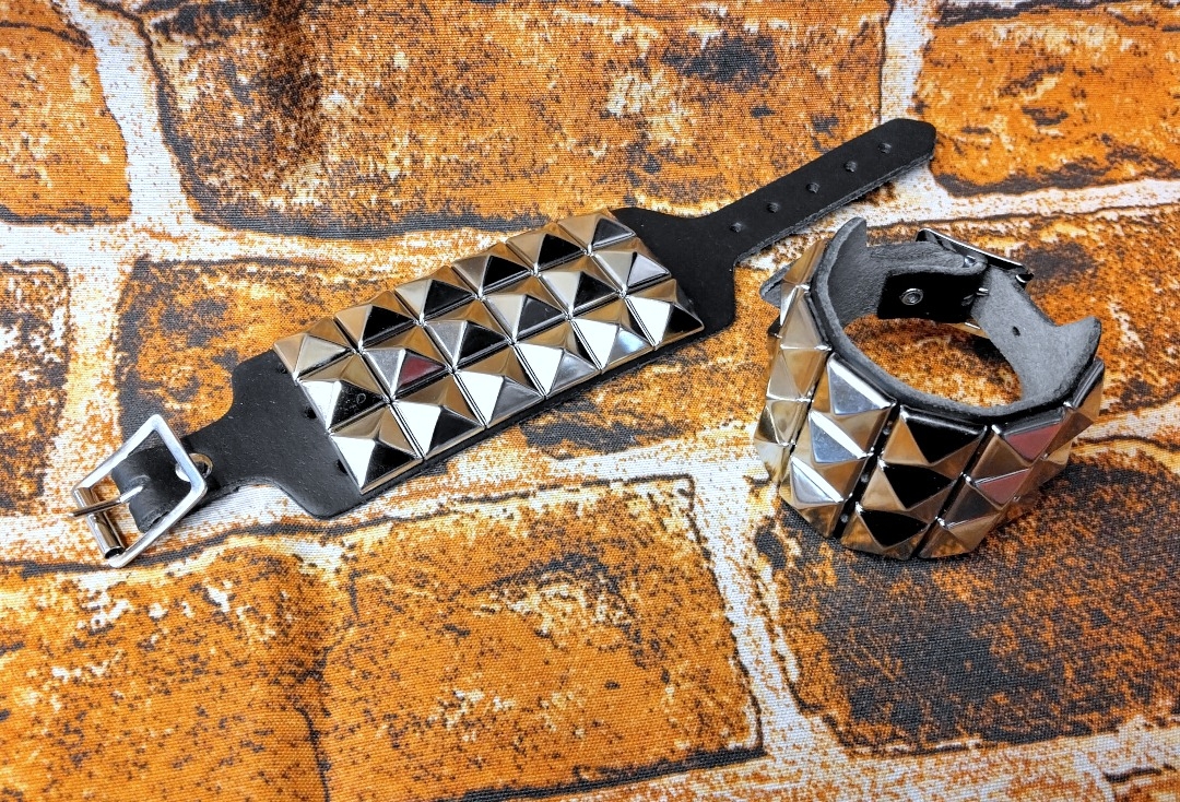 3 Row Silver Pyramid Black Leather Wristband