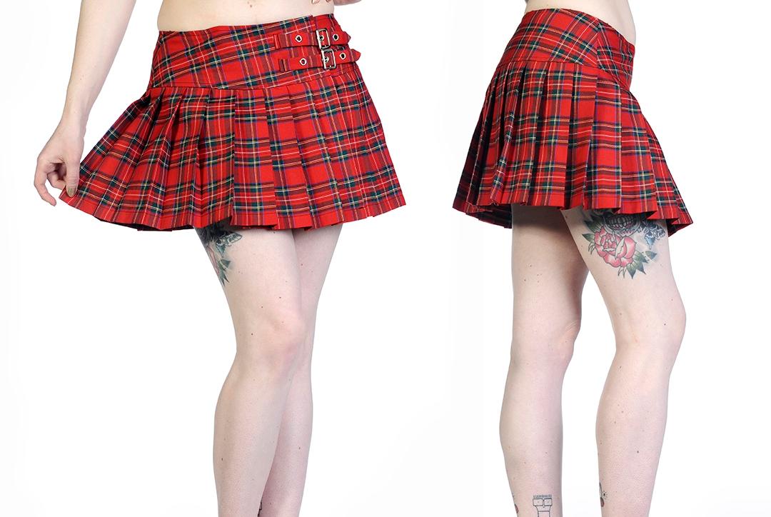 Banned Apparel | Red Tartan Buckle Mini Skirt - Front & Side