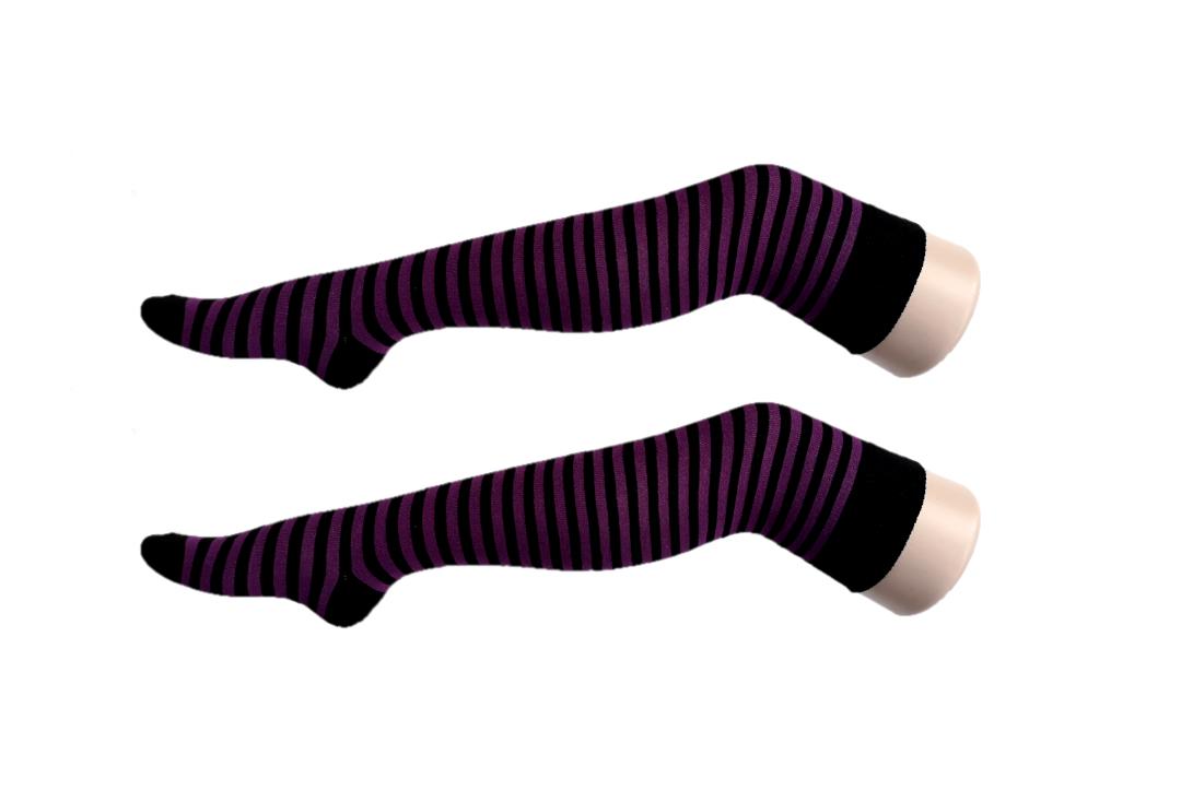 Macahel | Purple & Black Thin Stripe Over The Knee Socks
