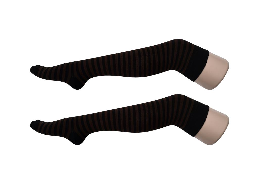 Macahel | Brown & Black Thin Stripe Over The Knee Socks