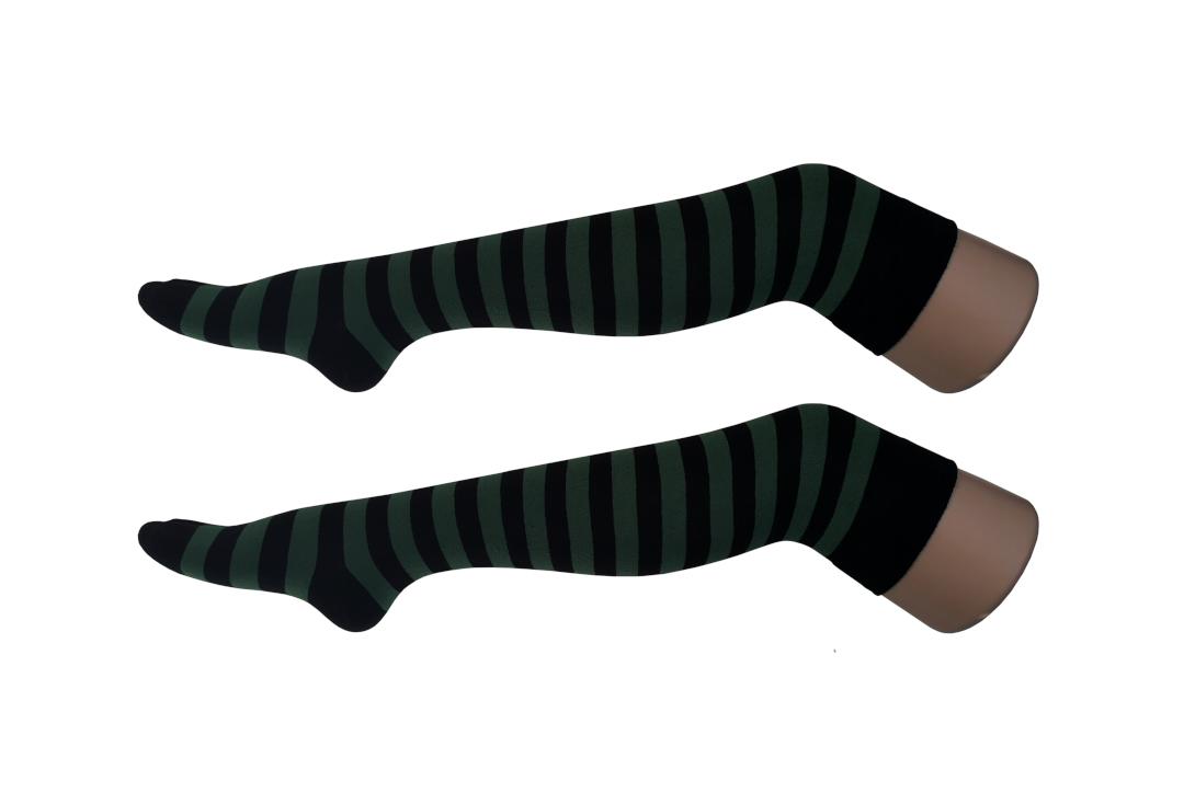 Macahel | Bottle Green & Black Thick Stripe Over The Knee Socks