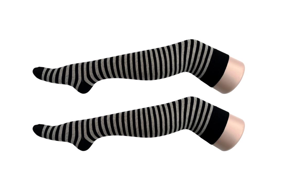 Macahel | Light Grey & Black Thin Stripe Over The Knee Socks