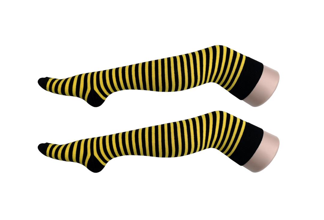Macahel | Yellow & Black Thin Stripe Over The Knee Socks