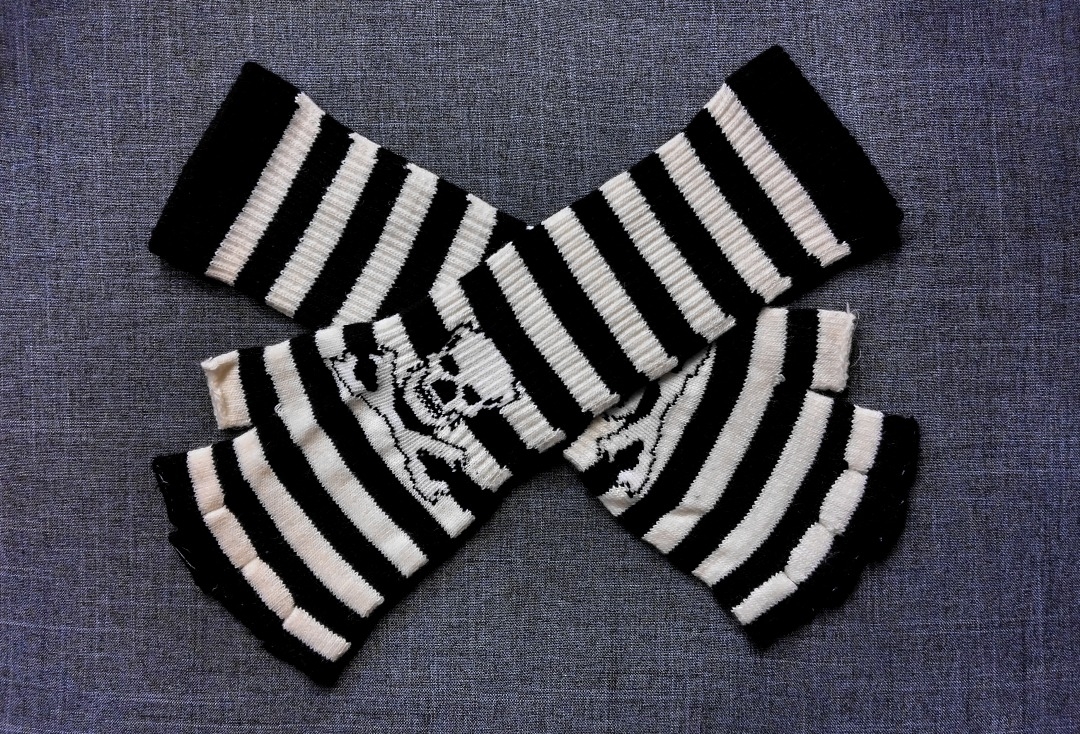 White & Black Stripe Skull Long Fingerless Gloves - Main