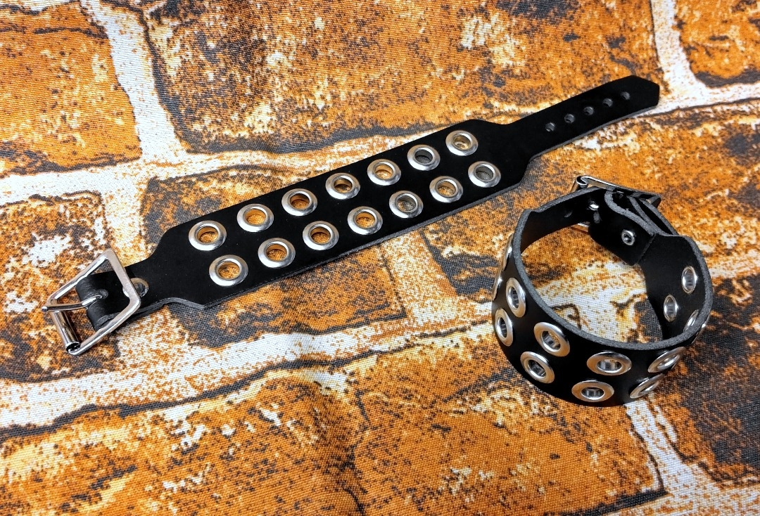 2 Row Silver Eyelet Black Leather Wristband