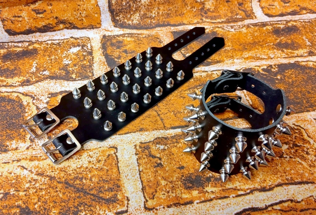 4 Row Silver Cone Black Leather Wristband