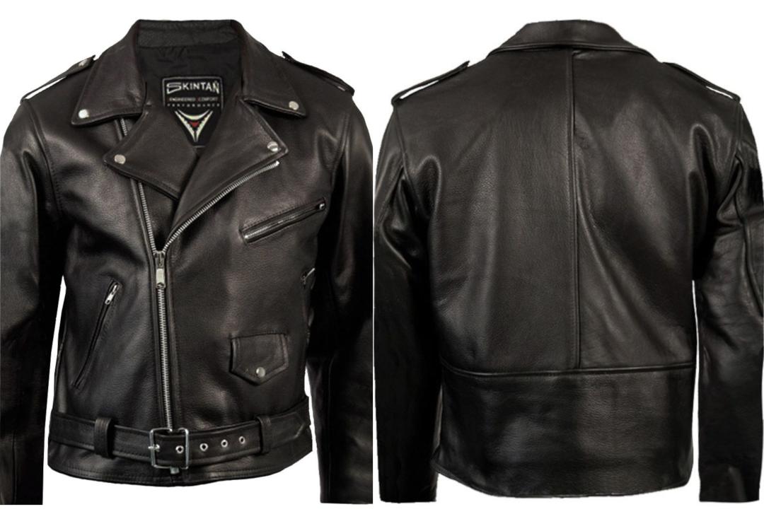 Skintan Leather | Black Leather Men's Biker Jacket - Front & Back