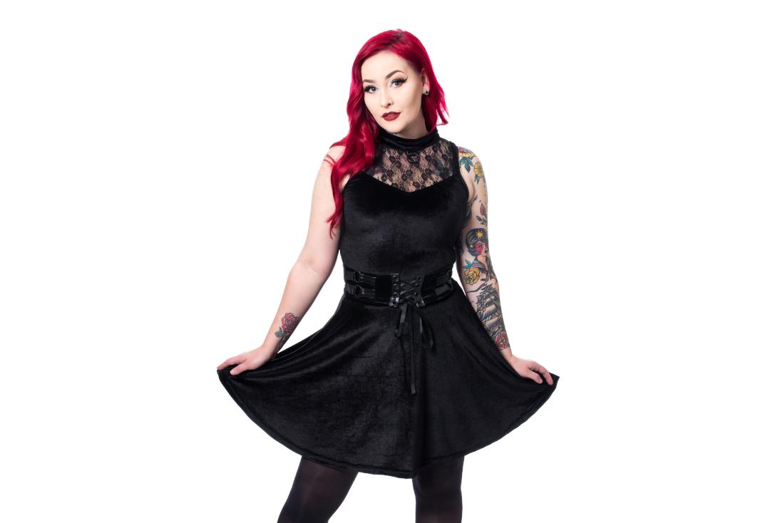 Poizen Industries | Alyssa Black Velvet High Collar Skating Dress - Front