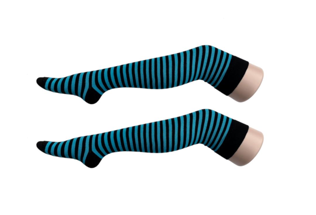 Macahel | Turquoise & Black Thin Stripe Over The Knee Socks