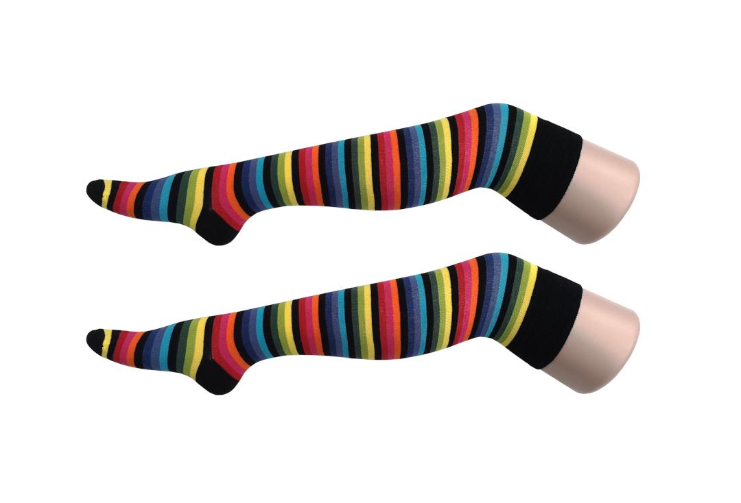 Macahel | Dark Rainbow Thin Stripe Over The Knee Socks