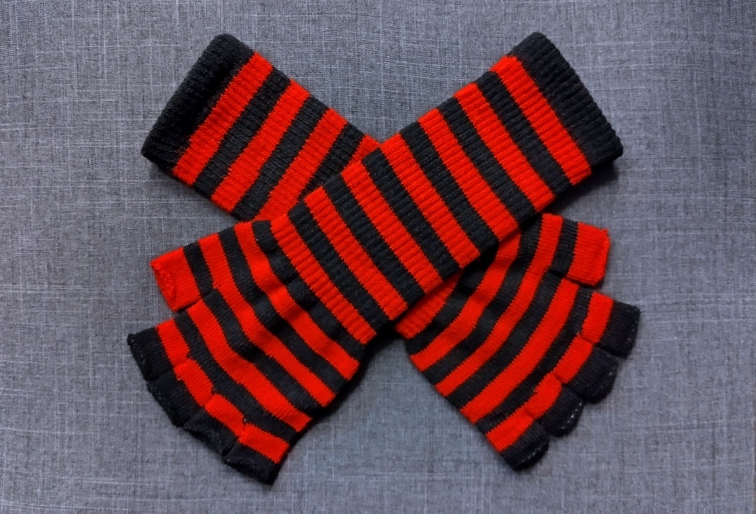 Red & Black Plain Stripe Long Fingerless Gloves