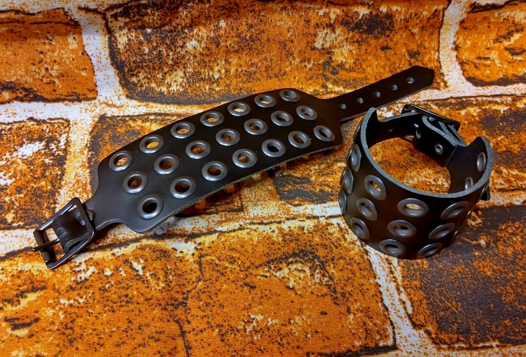3 Row Black Eyelet Black Leather Wristband