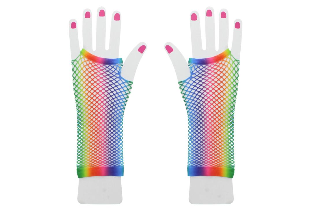 Void Clothing | Rainbow Stripe Fishnet Mesh Gloves - Carded
