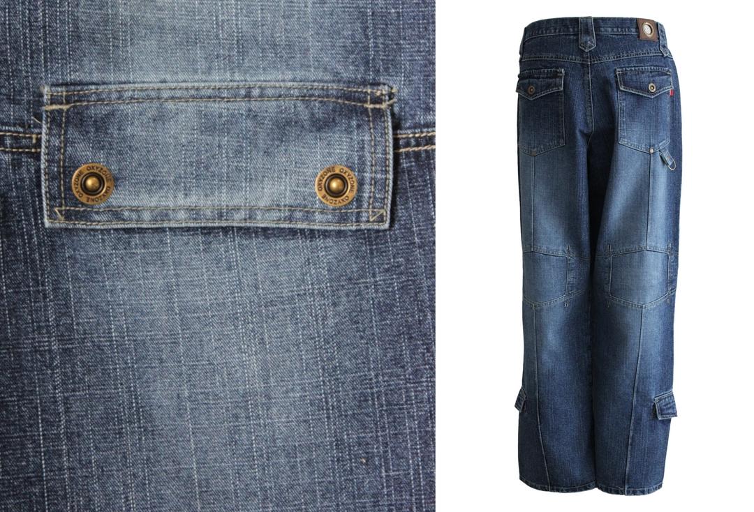 Oxyzone | Indigo Blue Dirty Denim Multi Pocket Baggy Skate Jeans - Back Full Close