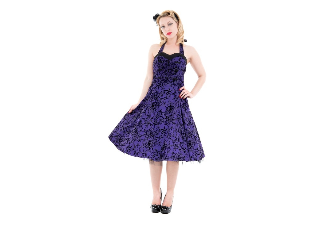 Purple & Black Hearts & Roses Flocked Dress - Front