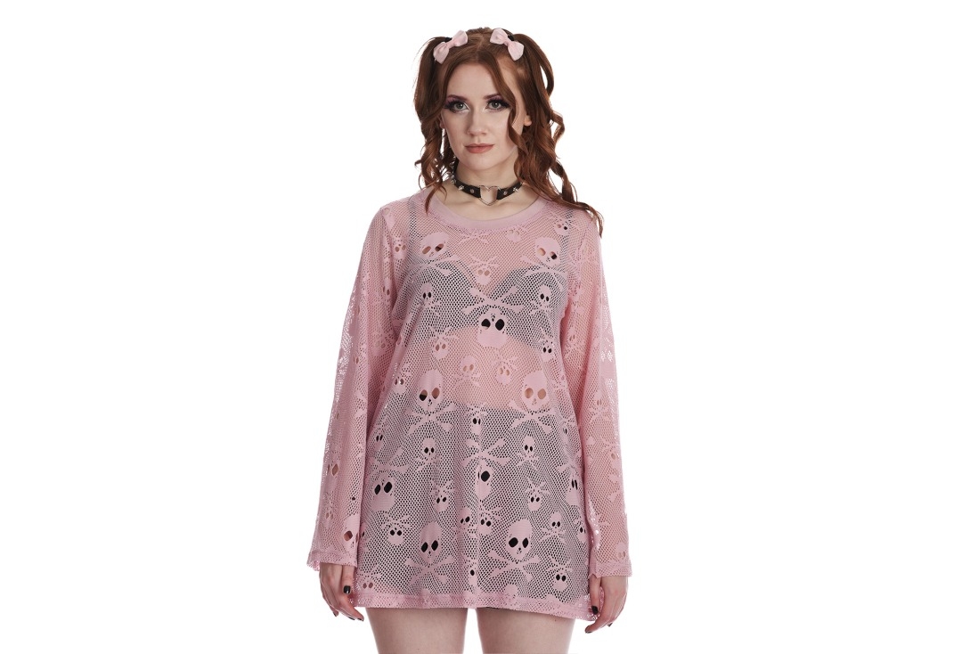 Baby Pink BFF Skull Mesh Banned Apparel Unisex Long Sleeve Top - Main
