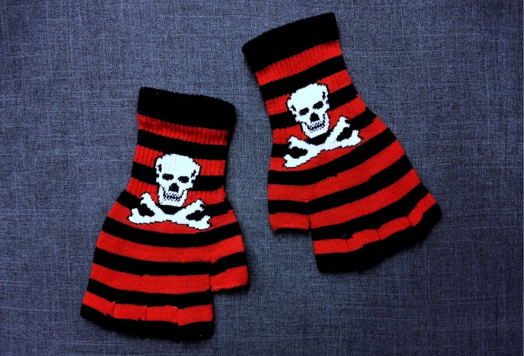 Red & Black Stripe Skull Short Fingerless Gloves - Main