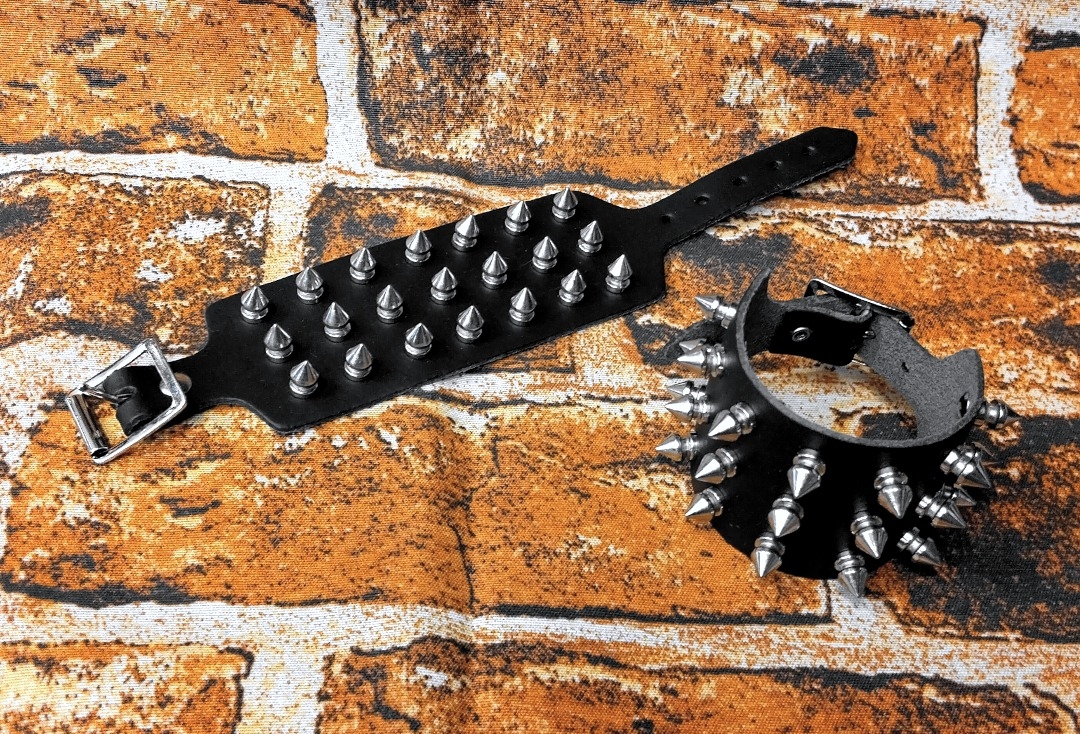 3 Row Small Silver Spike Black Leather Wristband