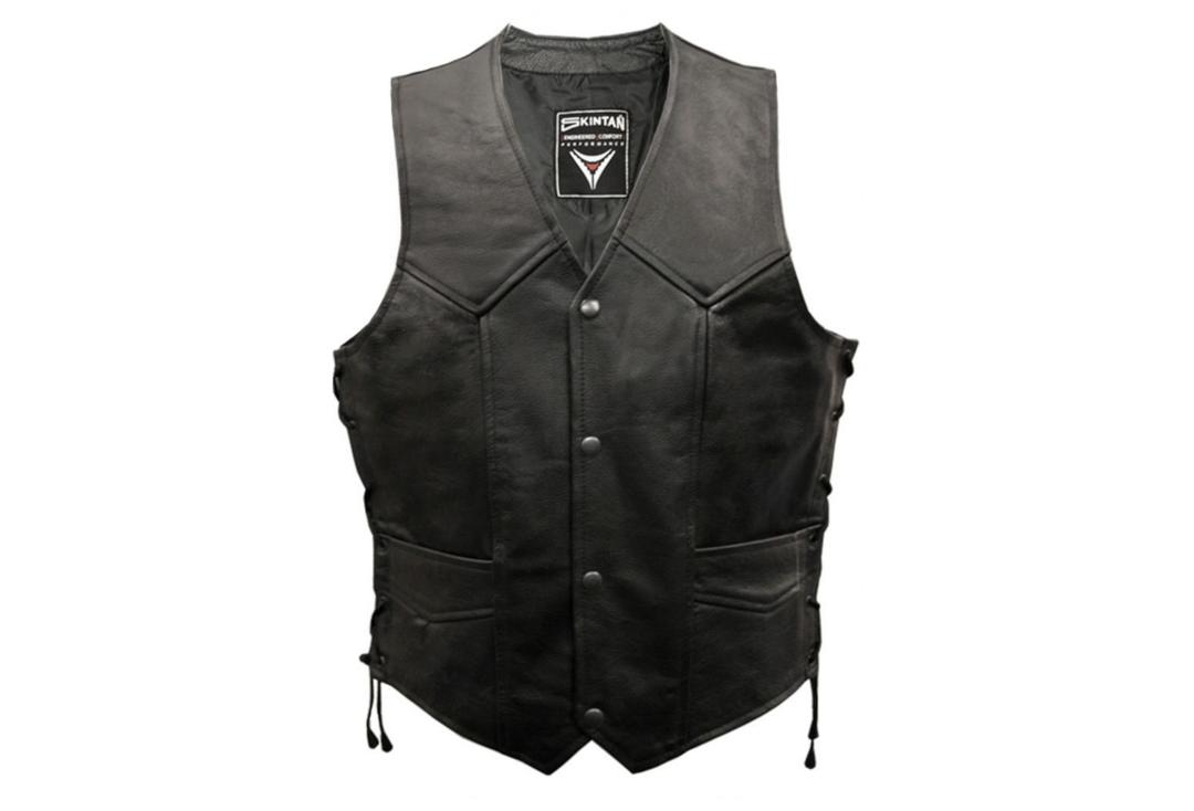 Skintan Leather | Black Leather Men's Lace Side Waistcoat - Front