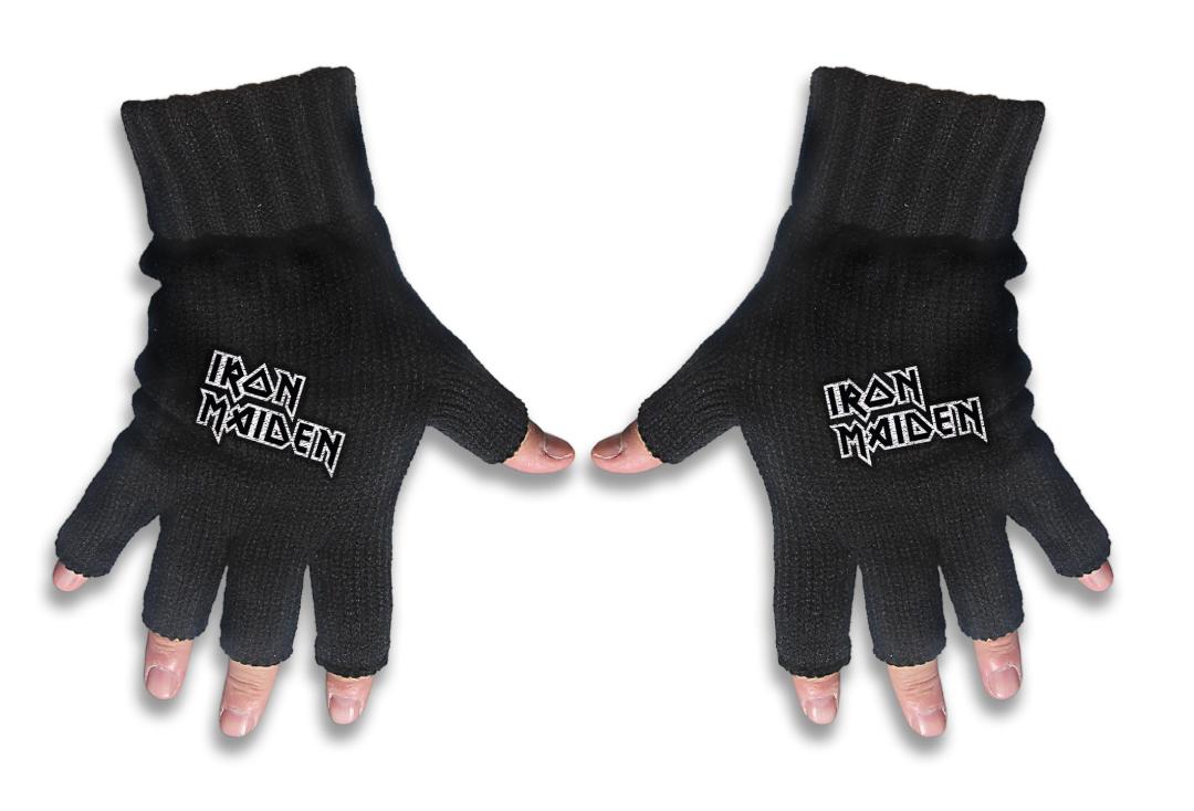 Official Band Merch | Iron Maiden - White Logo Embroidered Knitted Finger-less Gloves