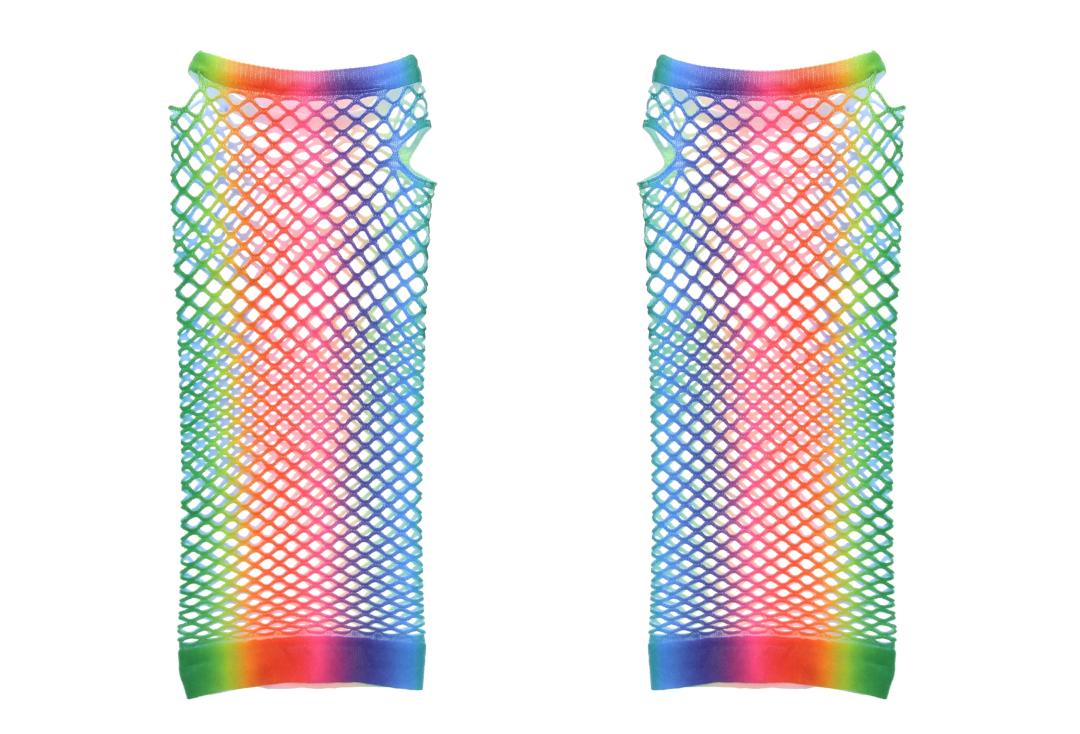 Void Clothing | Rainbow Stripe Long Fishnet Mesh Gloves - Flat