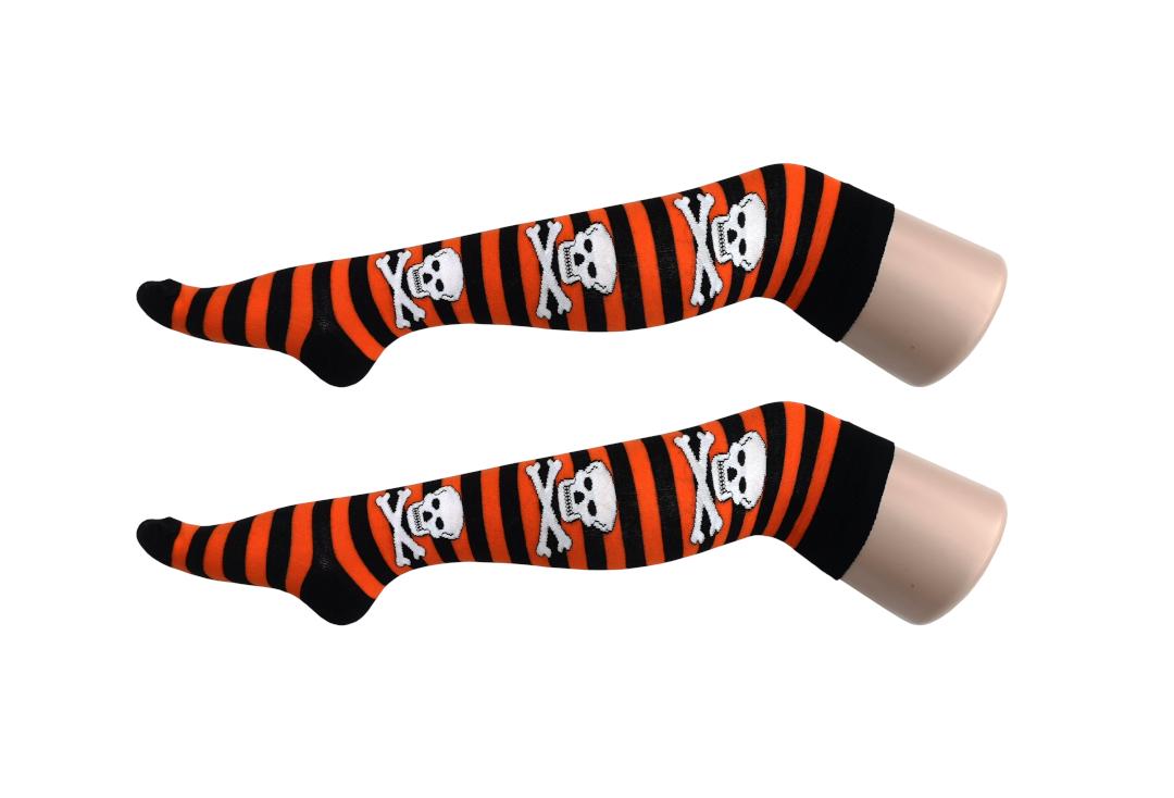 Macahel | Orange & Black Skull & Stripe Over The Knee Socks