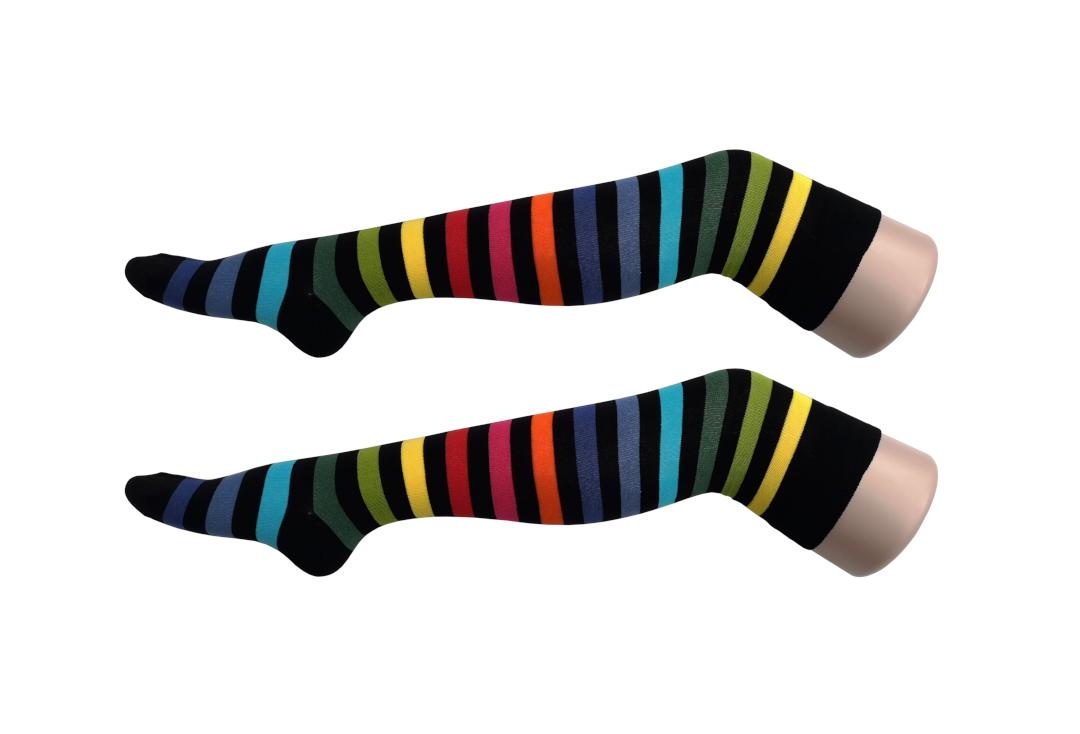 Macahel | Black Rainbow Thick Stripe Over The Knee Socks