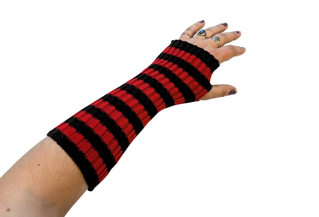 Red & Black Stripe Tilly Knitted Poizen Industries Arm-Warmers - Modelled