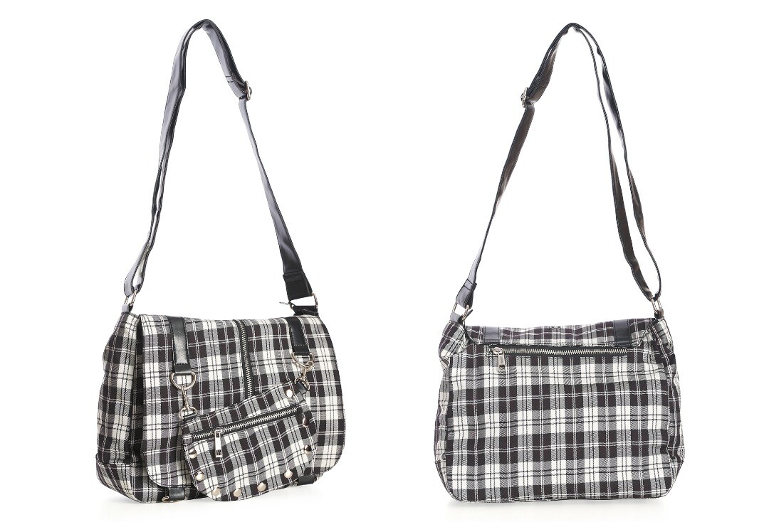 Banned Apparel | White Tartan Twice The Action Small Messenger Bag - Front & Back
