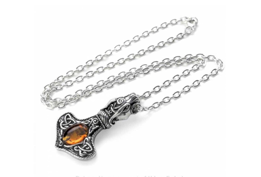 Amber Dragon Thorhammer Alchemy Gothic Pendant - Chain