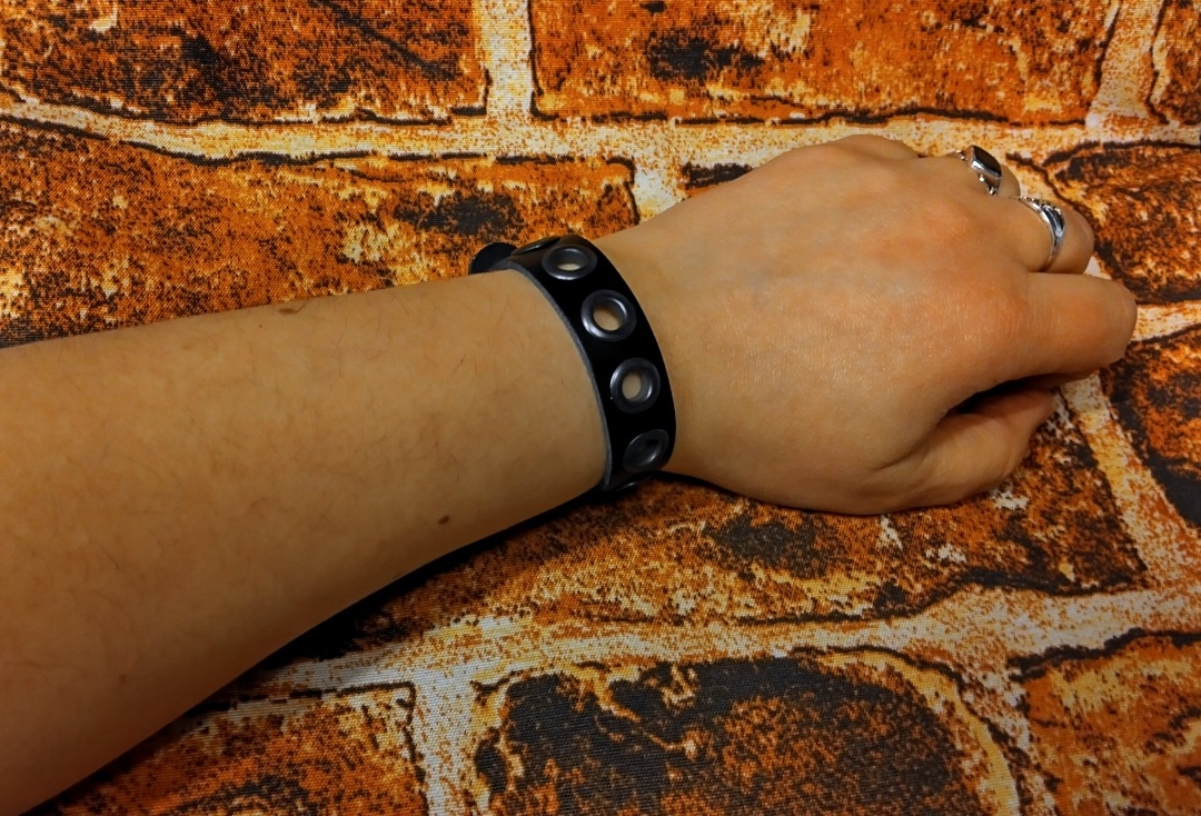 1 Row Black Eyelet Black Leather Wristband - Modelled