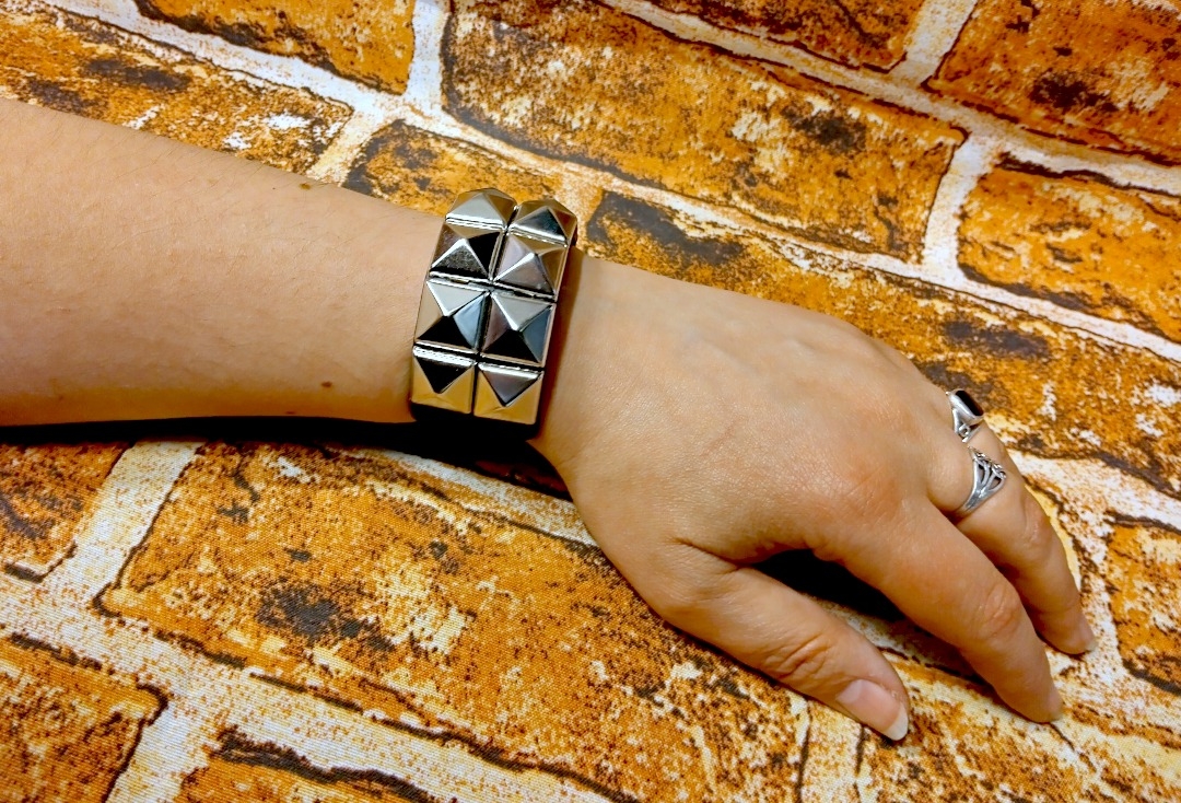2 Row Silver Pyramid Black Leather Wristband - Modelled