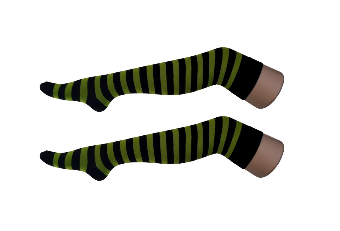 Macahel | Lime Green & Black Thick Stripe Over The Knee Socks