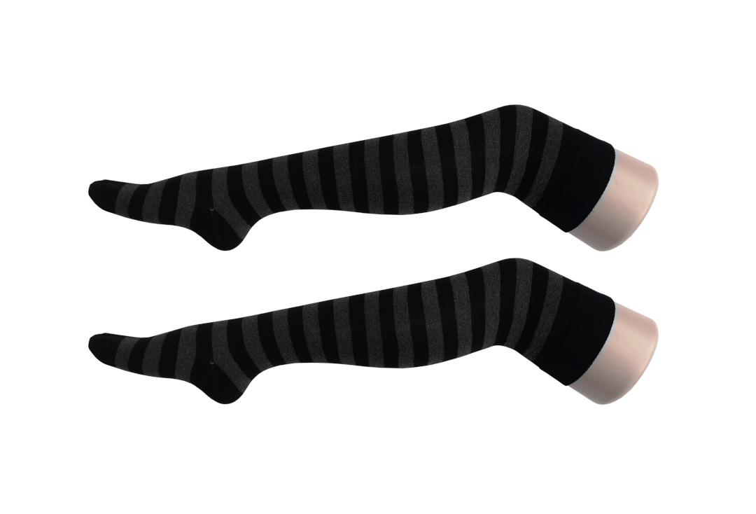 Macahel | Dark Grey & Black Thick Stripe Over The Knee Socks