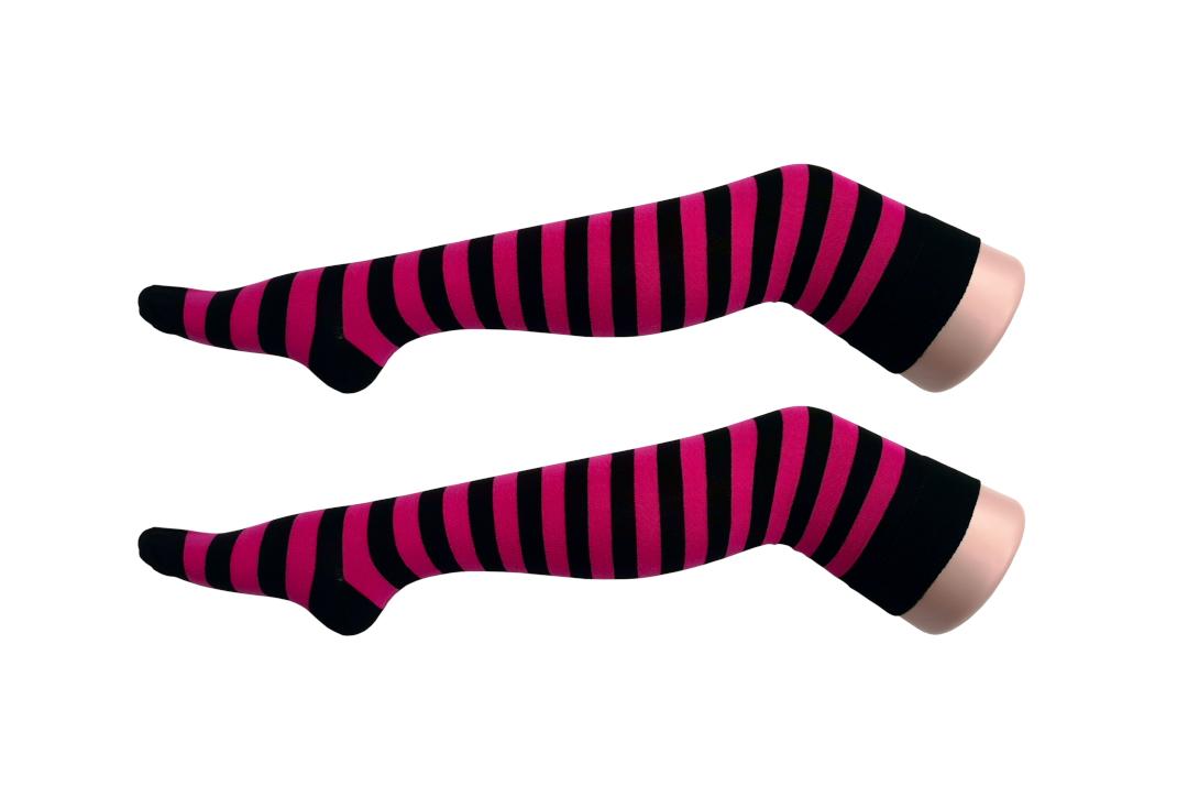 Macahel | Cerise & Black Thick Stripe Over The Knee Socks