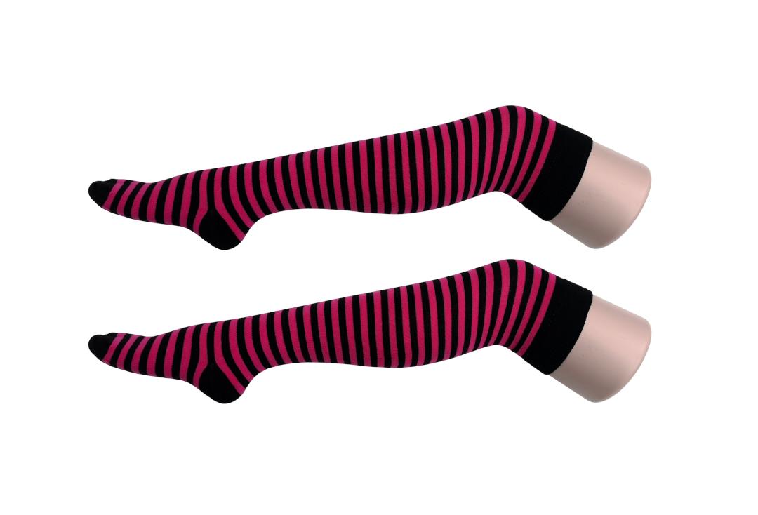 Macahel | Cerise & Black Thin Stripe Over The Knee Socks