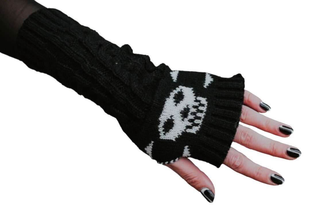 Pamela Mann | Black & White Skull Knitted Arm Warmers - Modelled