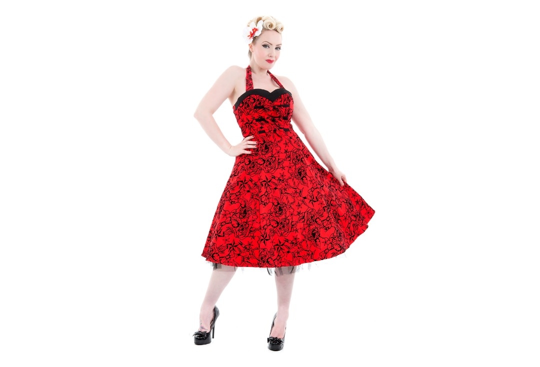 Red & Black Hearts & Roses Flocked Dress - Front