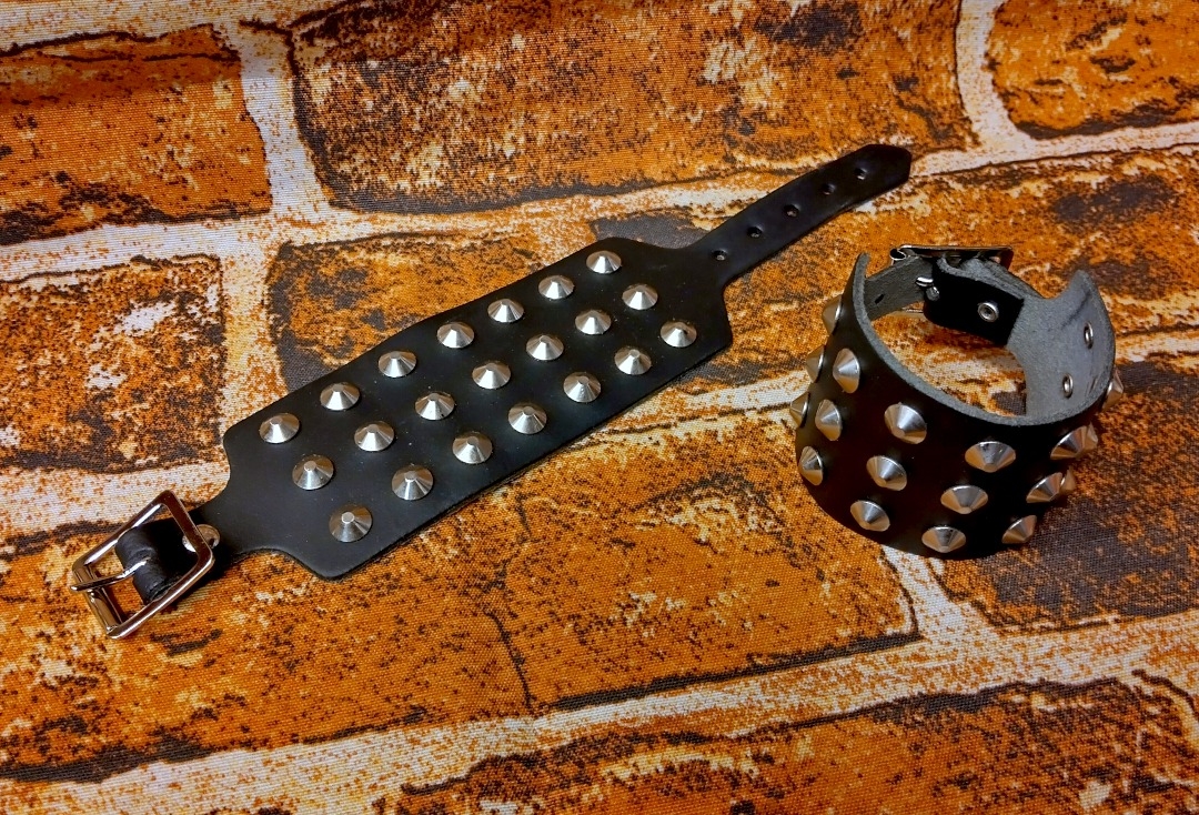 3 Row Silver Cone Black Leather Wristband