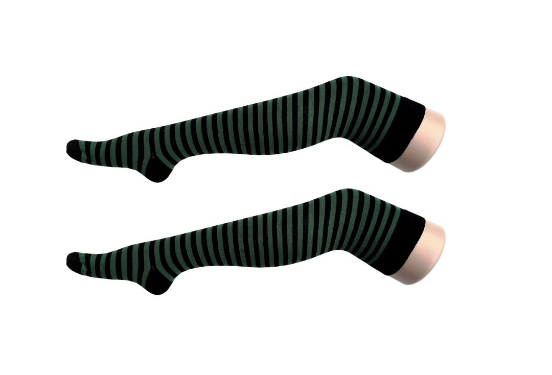 Macahel | Bottle Green Thin Stripe Over The Knee Socks