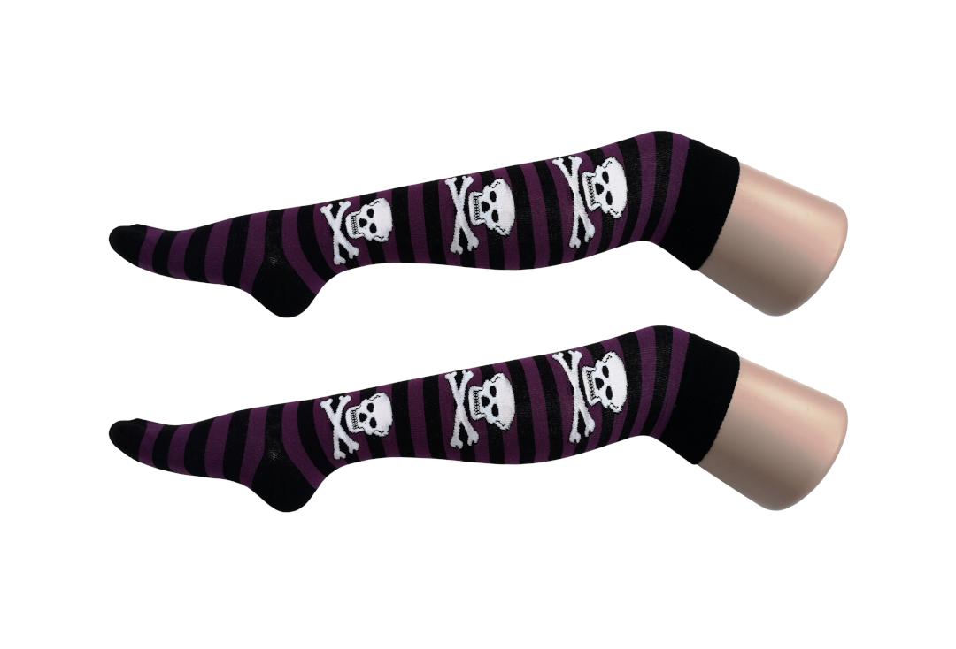 Macahel | Purple & Black Skull & Stripe Over The Knee Socks